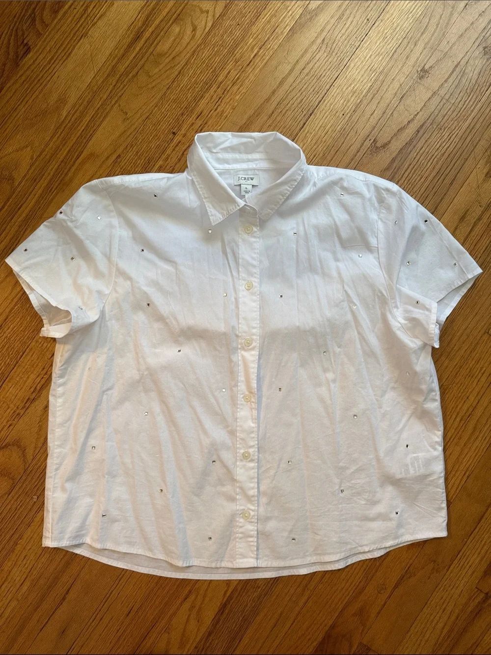 J. Crew Factory White Short-Sleeve Button-Down with Sparkle Studs Crystal Large